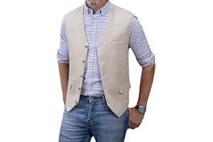 SOLOVEDRESS Men's Summer Leisure Cotton Linen Suit Vest Dress V Neck Waistcoat for Party and Beach