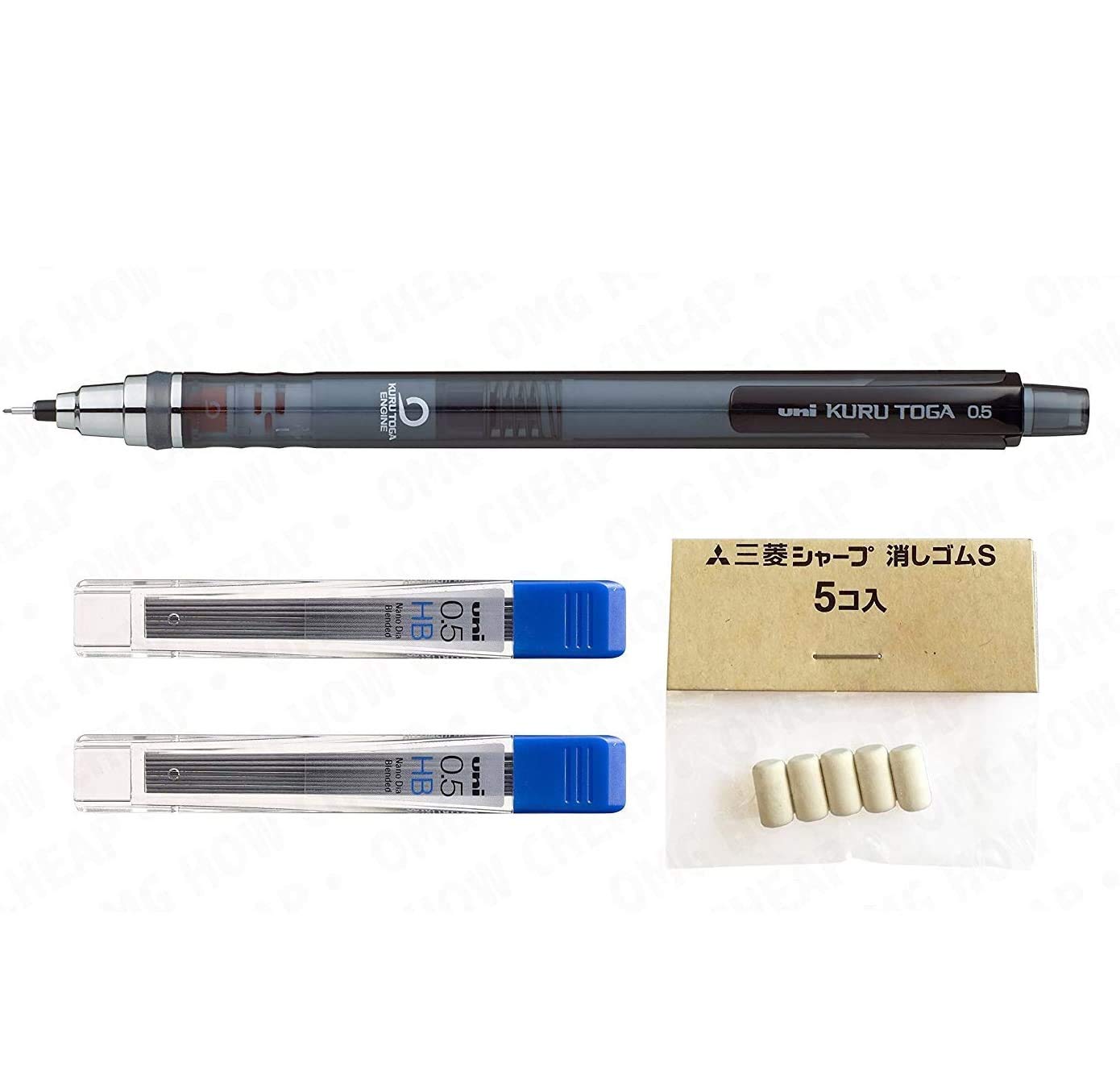 uni-ball Kuru Toga 0.5mm - Self Sharpening Mechanical Pencil - Smoke Barrel - 24 Free Leads and 5 Free Erasers