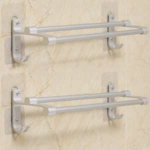 Hawsam Sin Taladrar Doble Toallero de Baño - Barra de Toallas Adhesivo de Aluminio Toalleros de Almacenamientos con 2 Ganchos (2 Piezas)