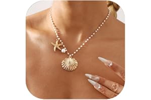 MIFYNN Gold Shell Starfish Necklace for Women Pearl Shell Necklace Layered Beaded Starfish Necklaces Summer Beach Surf Jewelry Gifts for Women