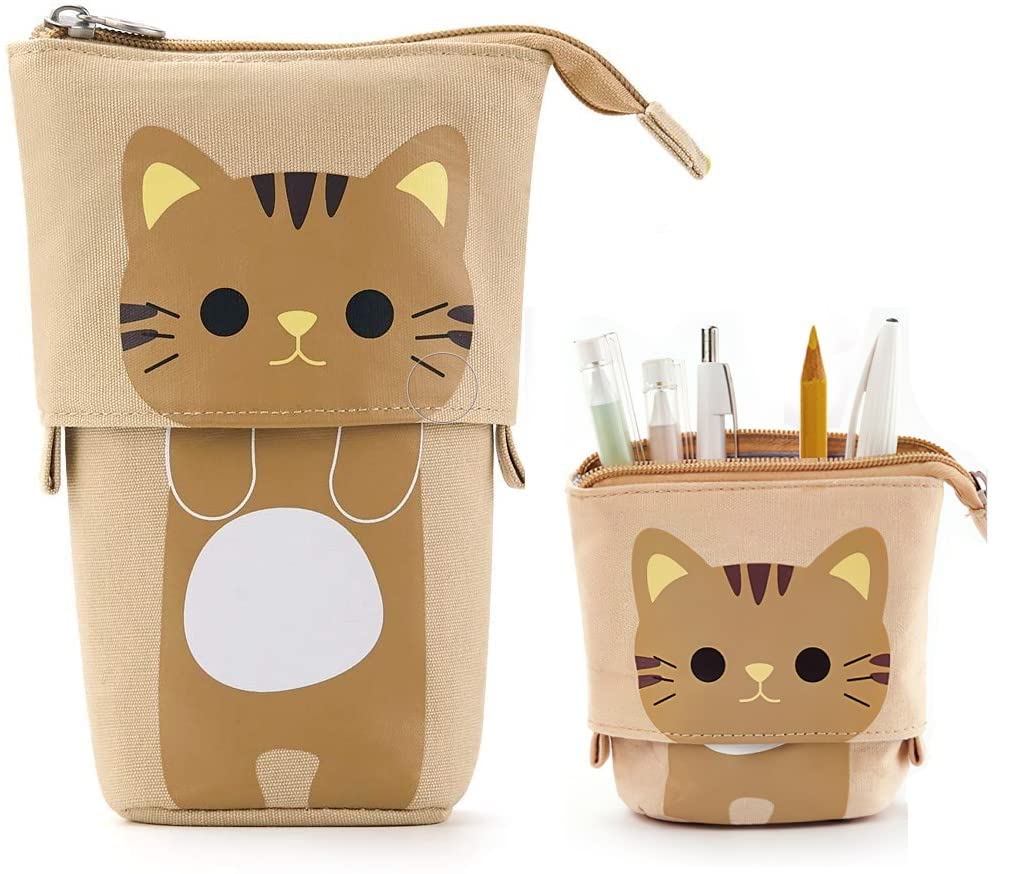 Hillylolly Cat Cute Stand Pencil Case, Telescopic, Adjustable, Cartoon, Canvas Portable Standing Pen Holder, Unisex (Khaki)