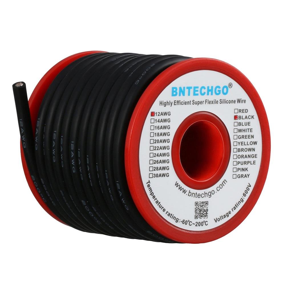 BNTECHGO 12 Gauge Silicone Wire Spool Black 25 ft Ultra Flexible High Temp 200 deg C 600V 12 AWG Silicone Rubber Wire 680 Strands of Tinned Copper Wire Stranded Wire for Model Low Impedance