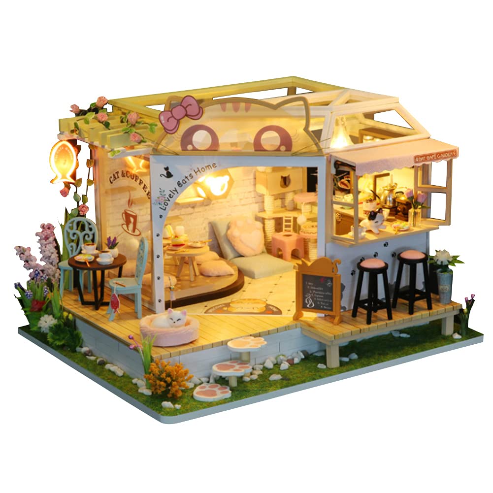 WonDerfulC Cat Cafe Wooden Miniature Dollhouse Kit DIY Pet Cat Coffee Shop Building Model Accessories with Furniture LED Light Music Box Birthday (no Dust Cover)