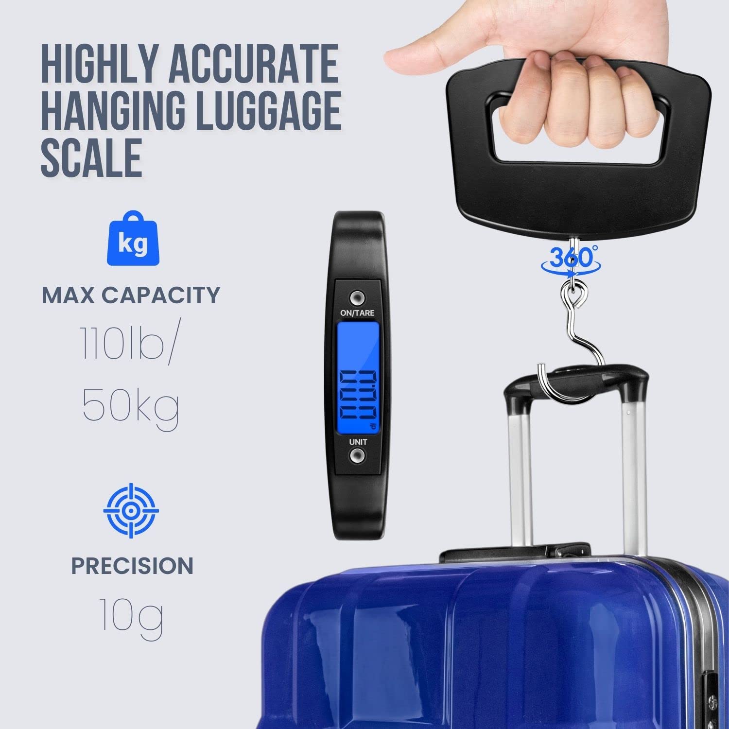 Flexzion Digital Luggage Scale, Baggage Weight Scale, 110 Lb (50 Kg) with 10g Deviation, Portable Handheld Suitcase Weight Scale with Hook for Travel, Fish Weighing, Black