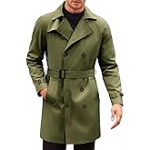 Runcati Mens Trench Coat Double Breasted Mid Long Jacket Casual Belted Overcoat Notched Lapel Windbreaker