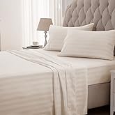 SLEEP ZONE Striped Cooling Sheets Set King Size - Fitted Flat Sheet & Pillowcase Sets 4 Piece - Super Soft Stripe Bed Sheet, Easy Care, Deep Pocket (Beige, King)