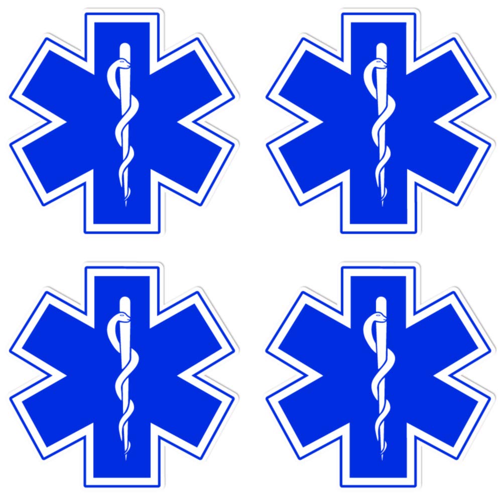 Photo 1 of (4 Pack) Star of Life 2"x 2" Sticker Decal Vinyl Blue Medical EMS EMT Paramedic for Hard Hats, Helmets, Toolboxes, Lunch Boxes, Phones or Any Clean Smooth Flat Surface