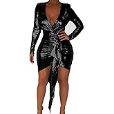 BestGirl Women's Sexy Dress Deep V Neck Long Sleeve Ruched Sparkly Bodycon Club Mini Dresses