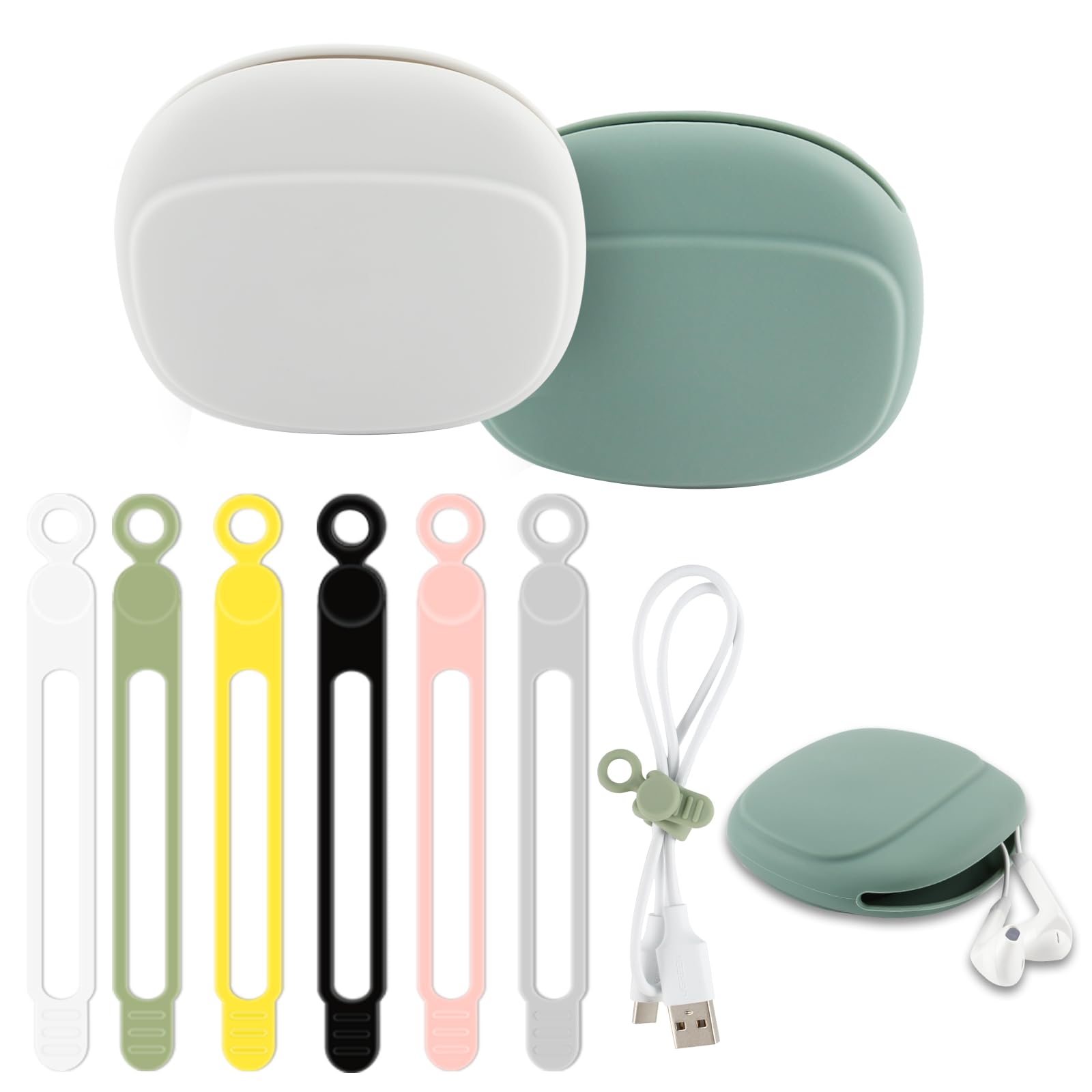 TamBee Silicone Headphone Organizer with 6pcs Cable Ties Reusable Silicone Cable Straps Wire Cord Organizers Ties Case for Earphone Charger (2 case + 6 Straps)