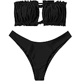 ZAFUL Women 2 Piece Strapless Bikini Swimsuits Ruffle Ribbed Self Tie Bandeau Bikini Set High Cut String Bathing Suits