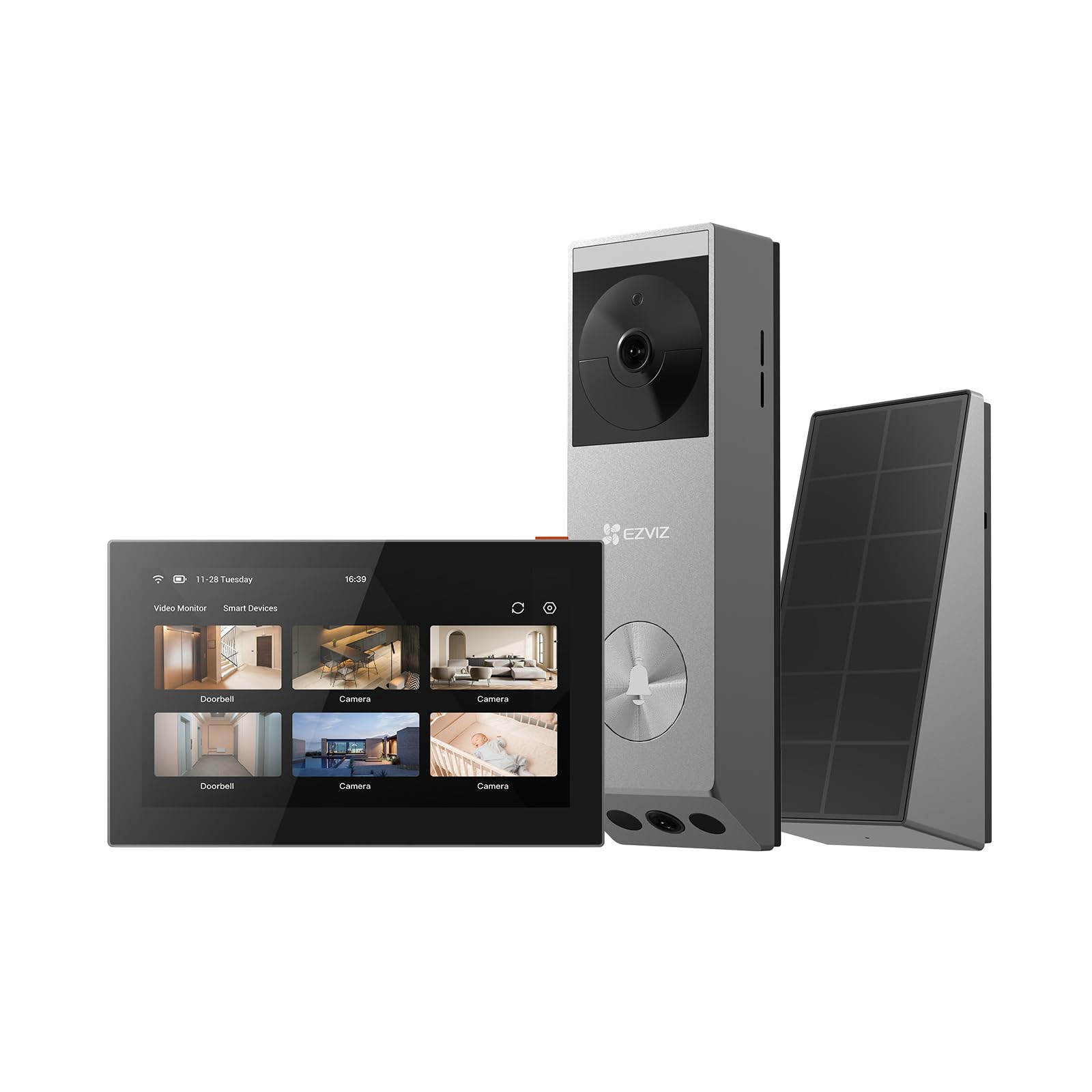 EZVIZ 2K Dual-Lens Video Doorbell Camera with Monitor Touch Screen with Ringtone, Human/Package Detection, Solar Panel Included, Colour Night Vision, Live View Playback, 2-Way Talk (SD7 EP3X Pro Kit)