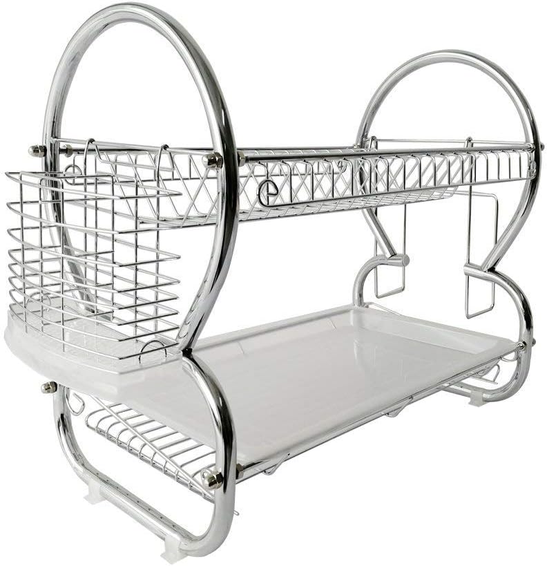 Feibrand Dish Drainer Dish Drying Rack 2 Tier with Utensil Basket Cutting Board Holder and Plastic Drip Tray 54 x 16.5 x 38.5 cm