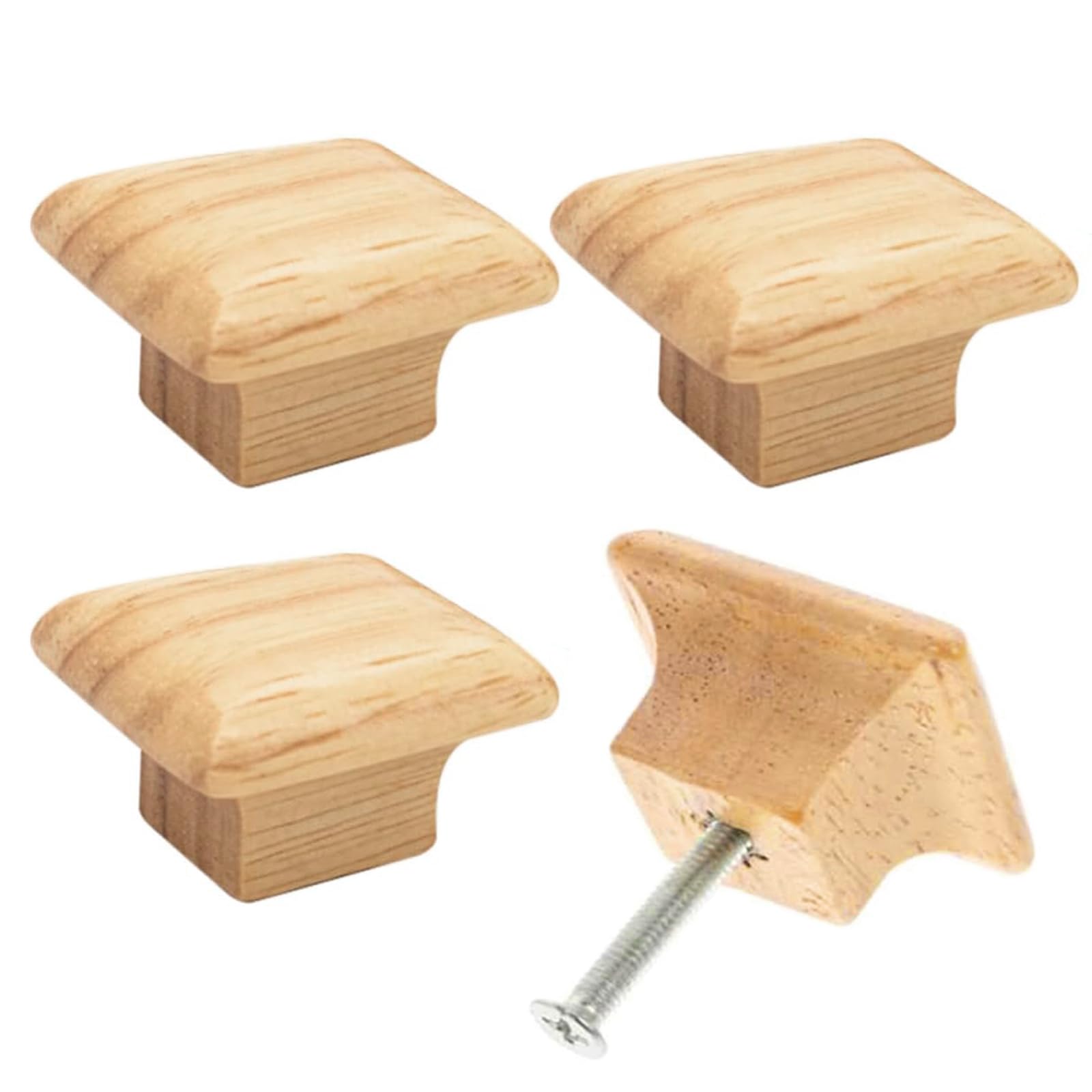 Misuyue Square Wooden Drawer Knobs (4 Pack) - Natural Wooden Door Handles/Cabinet Door Knobs - Wardrobe Door Knob with Screws - 3.5cm/1.37 Inches Wooden Handles - Door Knobs for Cupboards