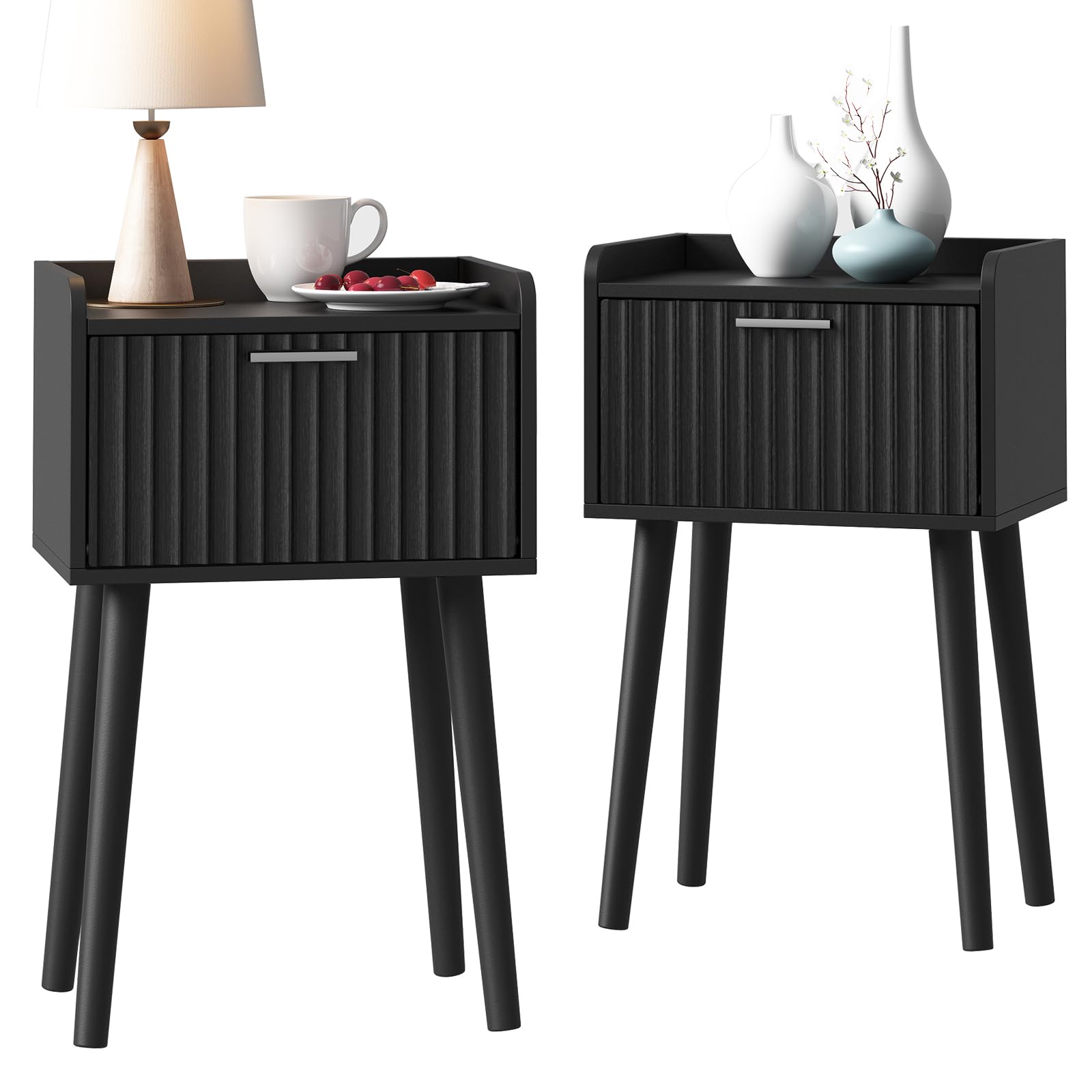 Photo 1 of LAATOOREE Nightstand Set of 2, Small Bed Side Table with Fluted Door, End Table with Solid Wood Legs, Mid-Century Bedside Table for Bedroom Small Space