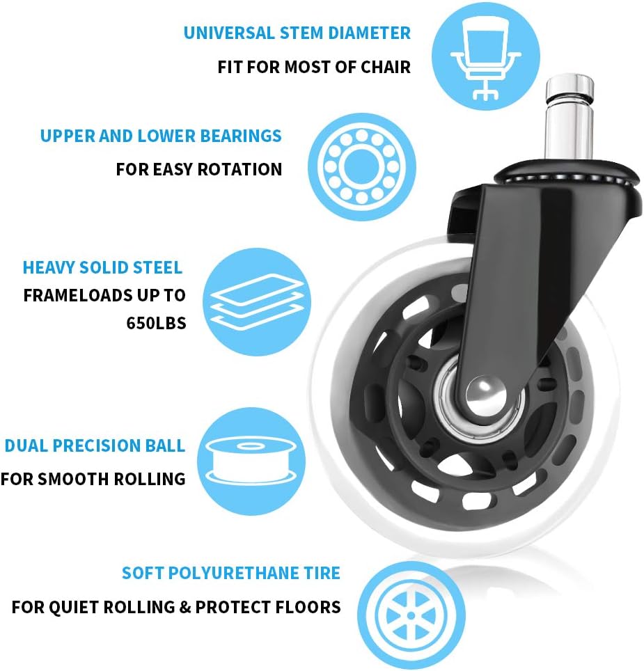 Growsland Office Chair Wheels Replacement (Set of 5) Rubber Caster Wheel Heavy Duty 3" Chair Casters for Hardwood Floors & Carpet Universal Fit 7/16" x 7/8" : Office Products