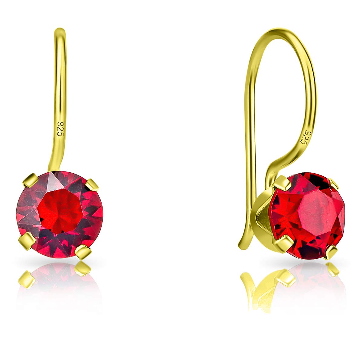 DTPSilver - 925 Sterling Silver Yellow Gold Plated Round Fixed Hook Earrings made with Glittering Crystals from Swarovski® Elements - Diameter: 6 mm - Colour : Red Light Siam
