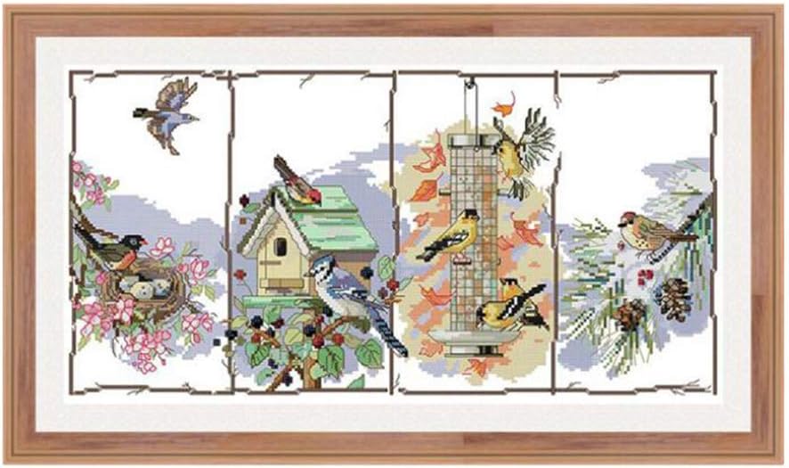 chiwanji Stamped Cross Stitch Kits Printed Four Seasons Of Bird Embroidery Cloth - 63x36cm 11CT