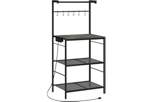 MAHANCRIS Bakers Rack with Storage, Microwave Stand with Power Outlet, Kitchen Storage Shelf with 6 Hooks, Coffee Bar Station 4 Tier, for Kitchen, Dining Room, Charcoal Gray and Black BRHT35E01N1