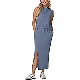 GRECERELLE 2026 Women Summer Casual 2 Piece Sets Mock-Neck Wrinkle-Free Top & Elastic Waist Midi Side Slit Skirt with Pockets