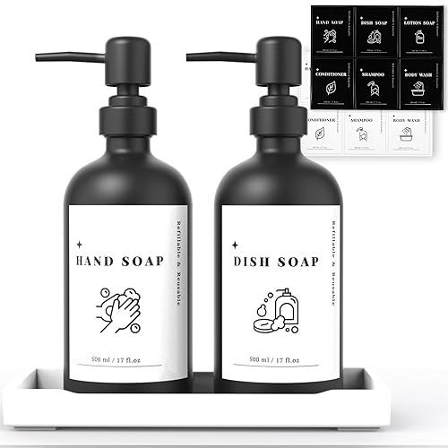 ILIKEPOW Matte Black Glass Soap Dispenser 500 ml with Stainless Steel Pump, Labels and Tray, Washing Up Liquid Bottle for Kitchen Sink, Bathroom, Body Wash Shower Conditioner Lotion Hand Dish 2 Pack