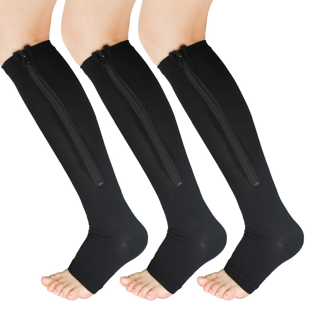 Easy On Zip compression Socks For Men Women With Toe Open Design Zipper Leg Support Knee-High Stockings, Black, L/XL