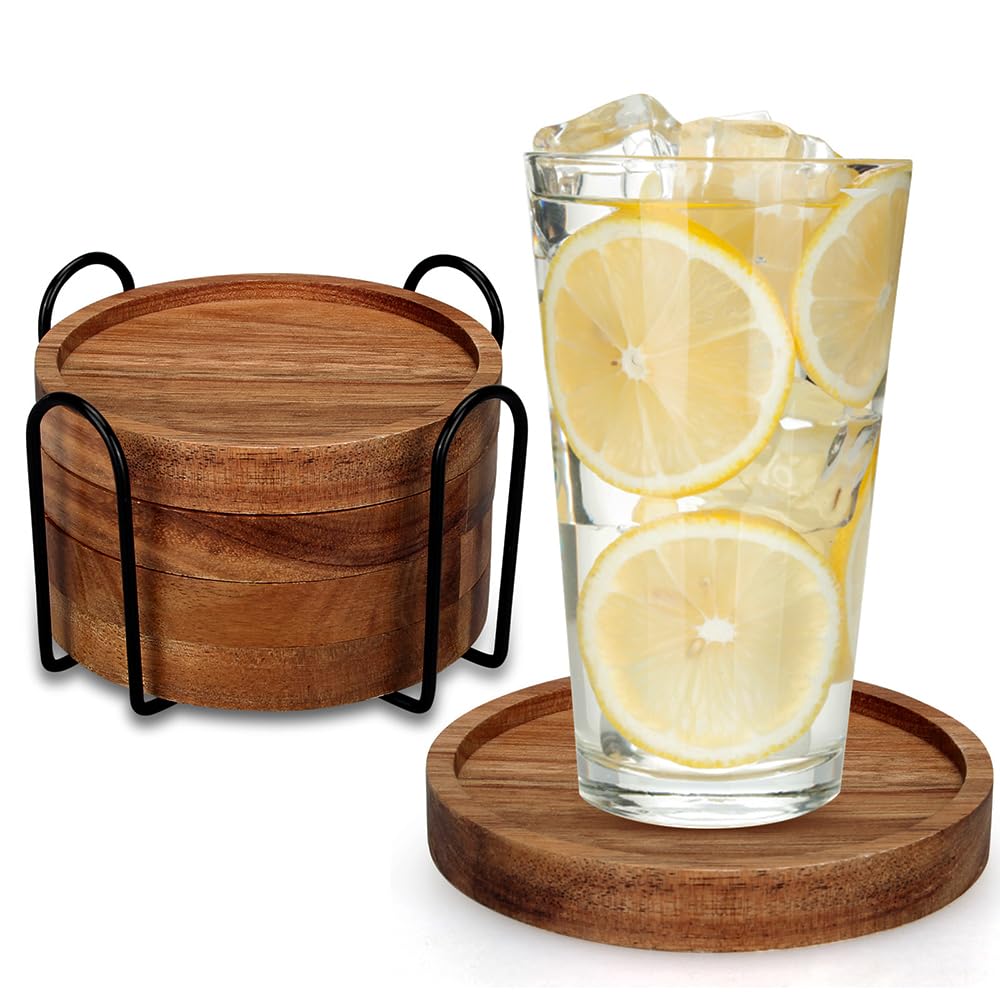 Photo 1 of 4 Pcs Farmhouse Wooden Coasters with Holder Cute Wood Drink Coaster Set Outdoor Beer Costers Home Decoration Coffee Table Decor Gift Cup Coaster Bar Kitchen Dining Table Accessories Modern Coasters