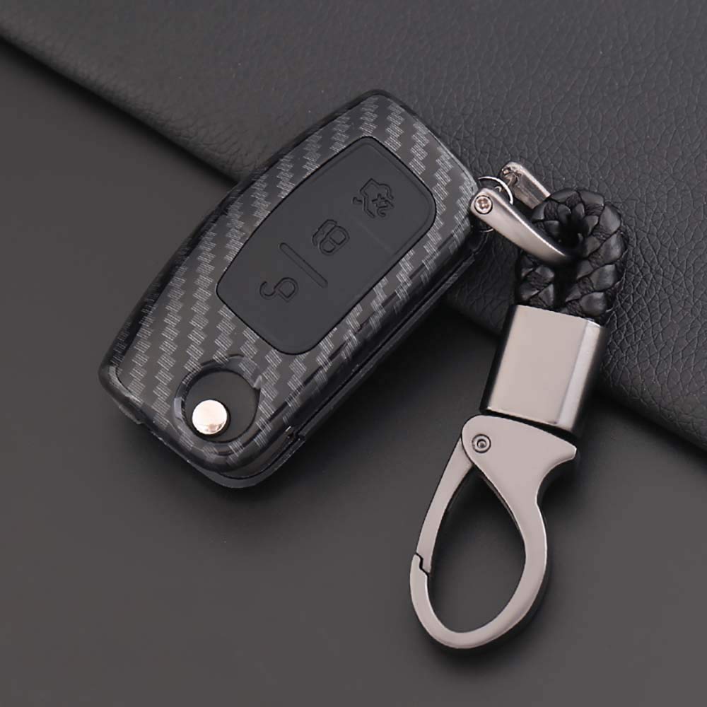 ontto Car Key Cover for Ford Fiesta ABS Plastic + Soft Silicone Full Protective Key Fob Cover for Fusion Focus Mondeo C-Max S-Max Bantam 3 Button Folding Car Flip Key Entry Case Carbon Black