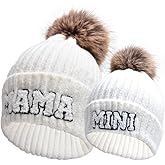 ZUYYON 2 Pcs Parent-Child Beanie Hats Mama and Mini Embroidery Knitted Hats Winter Warm Cuffed Ski Cap with Pom Pom