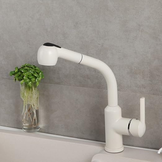Renist Single Hole Pull Out Kitchen Faucet Diamond White Touch On