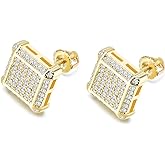 18K Gold Plated 925 Sterling Silver Iced Out Cubic Zirconia Screw Back Square Stud Earring For Men and Women Hypoallergenic Earring TwoTone Micropave Hip Hop Jewelry-Gold