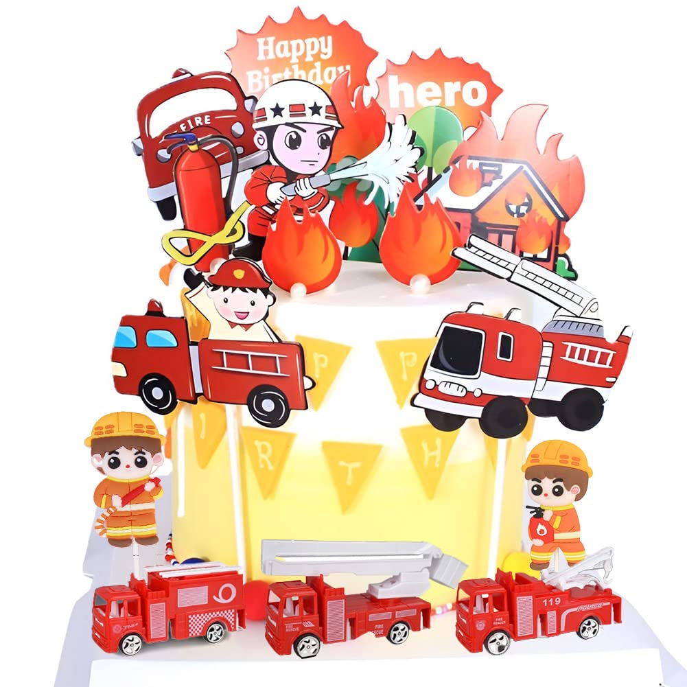 Fireman Cake Decoration, 16PCS Figures Fire Engine Cake Topper ​Mini Figures Set Birthday Party Supplies Birthday Party Supplies Cartoons Cupcake Figurines For Children Party Cake Decoration Supplies