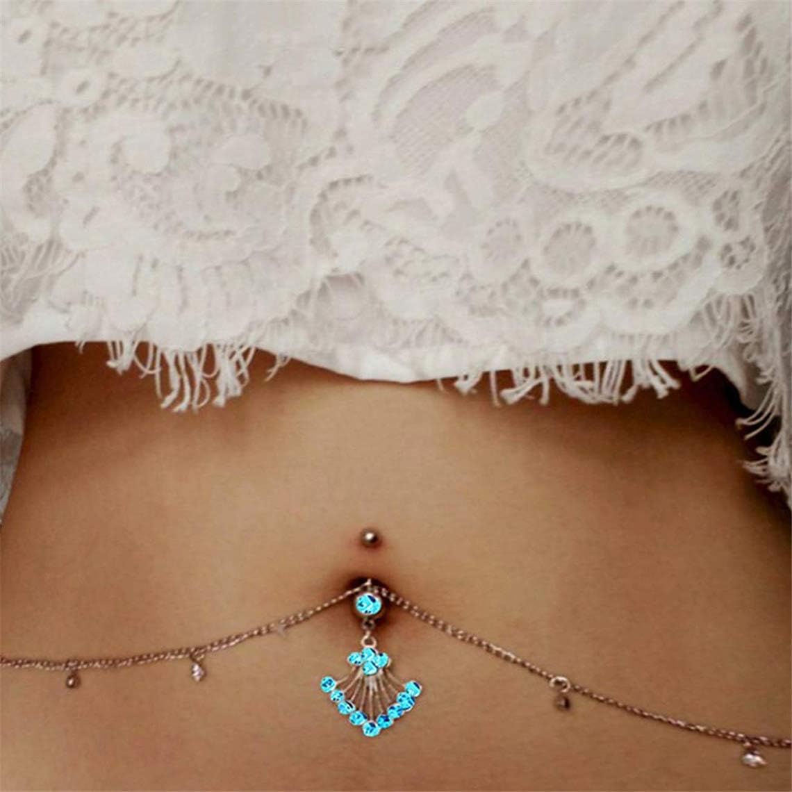 YESMAEA Rhinestone Belly Button Ring Navel Ring Belly Button Bar Waist Chain Body Piercing Jewelry Blue