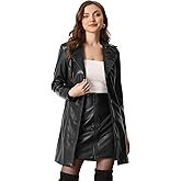 Allegra K Faux Leather Long Jacket for Women's Notched Lapel Collar PU Trench Coat
