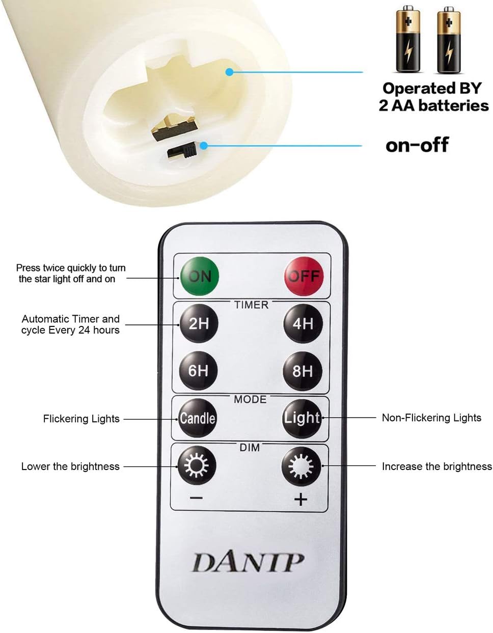 DANIP flameless Candle, with Embedded String Lights, 5-Piece LED Candles, with 10-Key Remote Control, 24-Hour Timer Function, Dancing Flame, Real Wax, Battery-Powered. (Ivory White): Home & Kitchen