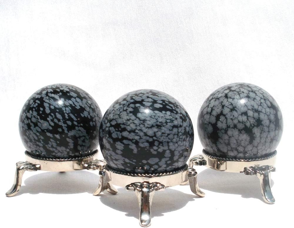 Village Originals Snowflake Obsidian Rock Sphere with Nickel Display Stand - 40mm Sphere, Black & White