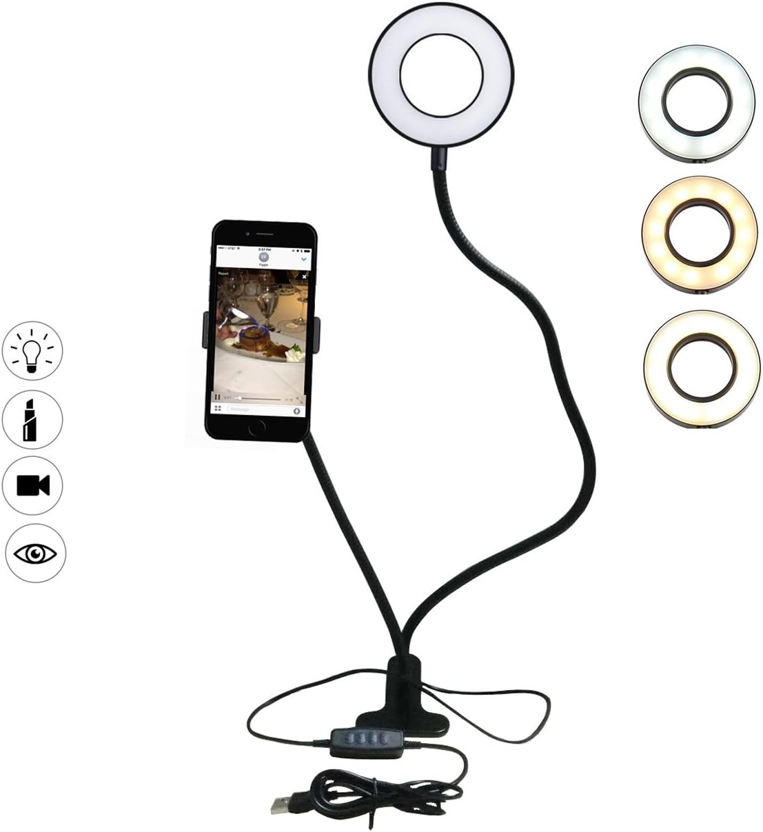 Smarki Cell Phone Holder Mount with 12 LED Selfie Ring Light (3 Light Modes) 10 Brightness for Live Streaming 360° Rotating Reading Desk Lamp Bracket for iPhone 8/X/7/6 Plus,Samsung,Huawei etc.