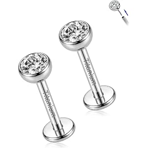 Calyoc 2Pcs 18G Implant Grade Titanium Threadless Push Pin Flat Back Studs, Cubic Zirconia Cartilage Piercing Earrings for Me