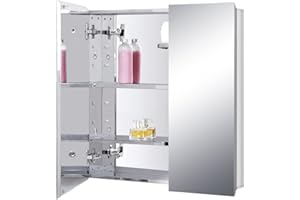 Fundin Stainless Steel Medicine Cabinet, Bathroom Mirror Cabinet, Surface Mount and Recess Mount, 23.6 x 25.6 inch, with Unique Half-Shelves for Greater Storage adjustability
