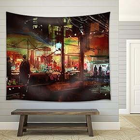 Digital Painting of People Walking in The Market at Night - Fabric Wall Tapestry Home Decor - 51x60 inches