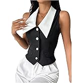 MakeMeChic Women's Colorblock Suit Vest Button Down Sleeveless Work Outerwear Waistcoat