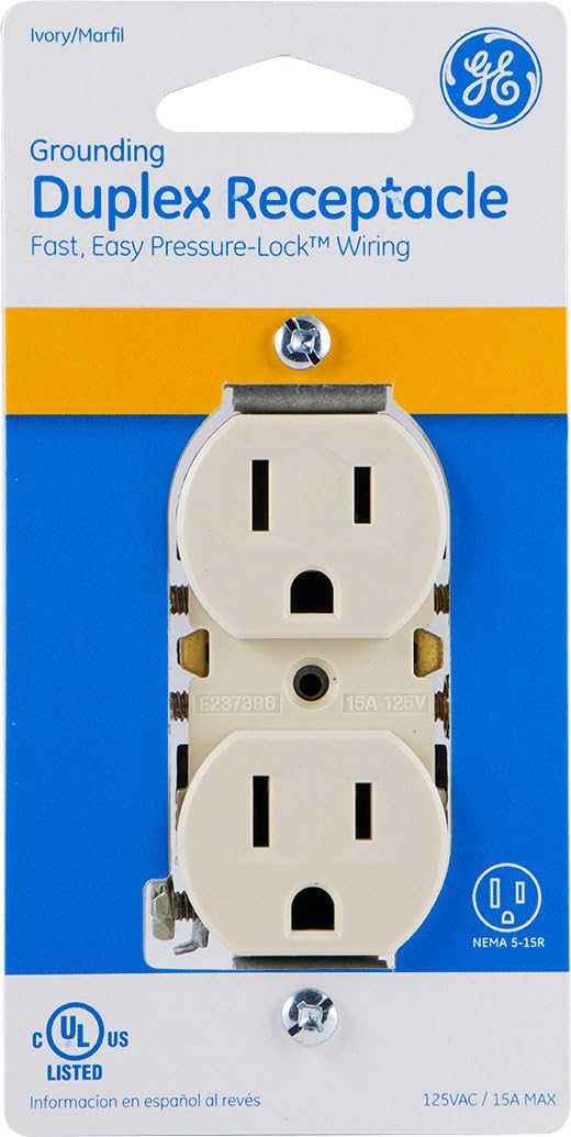 GE, Ivory, Grounding Duplex Outlet, In Wall Receptacle, 3 Prong Electrical Socket, Easy Install, 15 Amp, UL Listed, 54308, Standard - Electrical Outlets - 