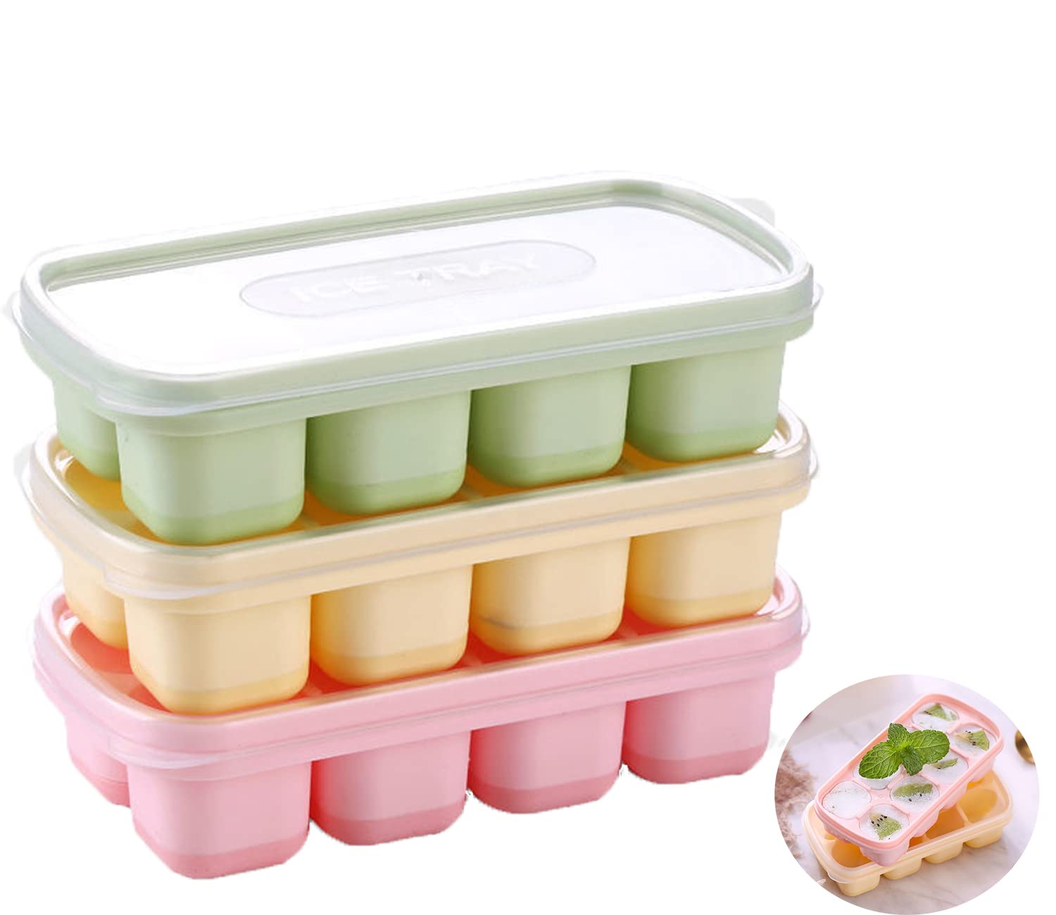 Ice Cube Trays 3PCS Reusable Silicone Ice Moulds with Removeable Lids BPA Free Summer Silicone Ice Molds for Whiskey Cocktails Water Drink Beer Freezer Home Kitchen Tools