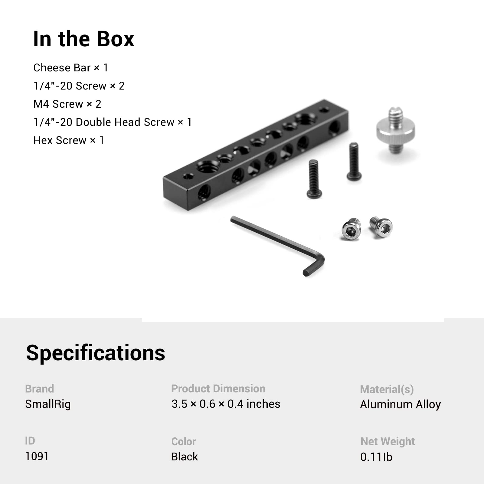SmallRig Cheese Plate with Multiple Threaded Holes,Cheese Bar for Monitor Mount, DIY Camera Accessories - 1091