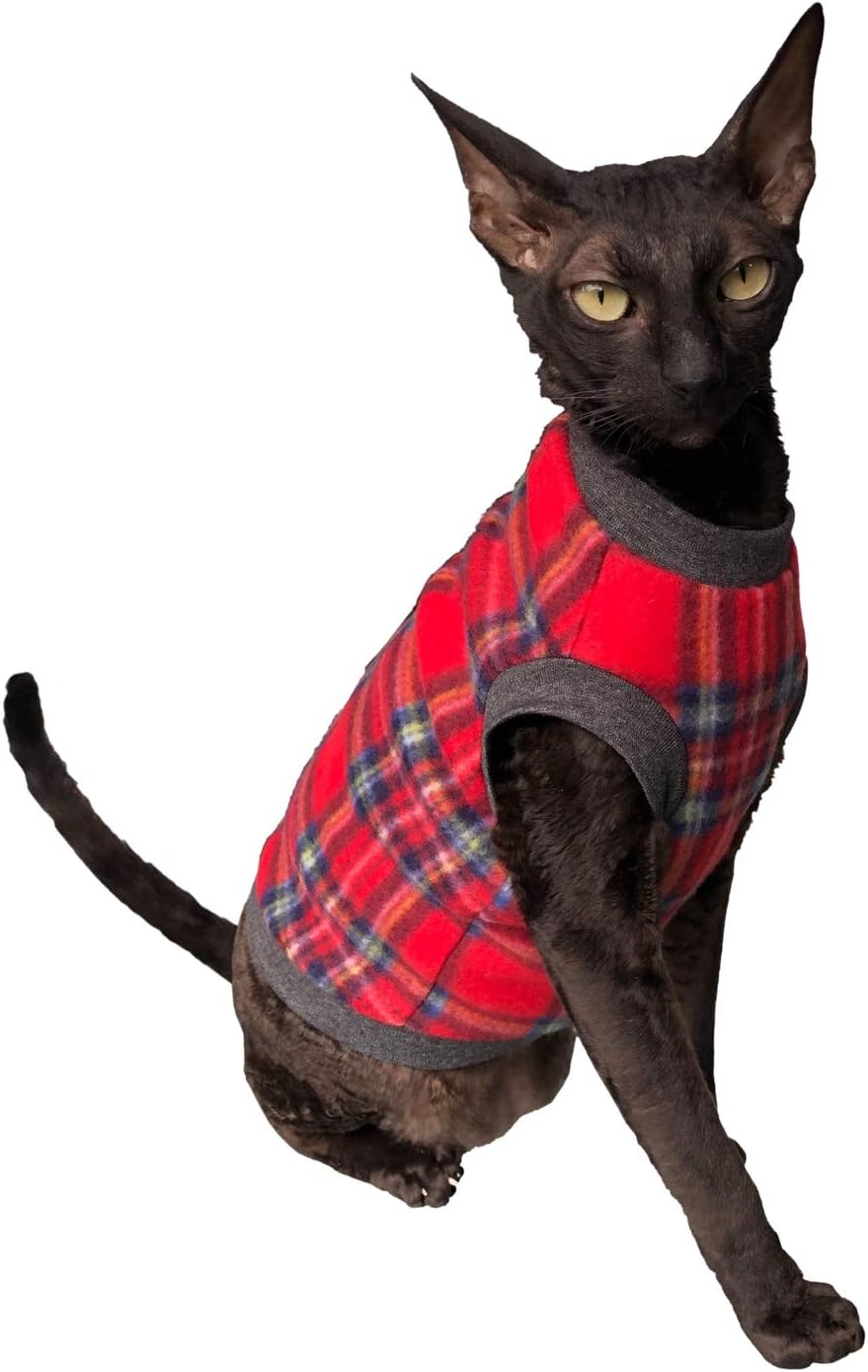 Kotomoda cat's sweater Plaid Red Grey Naked Cat Hairless Sphynx Cat Clothes (XS)