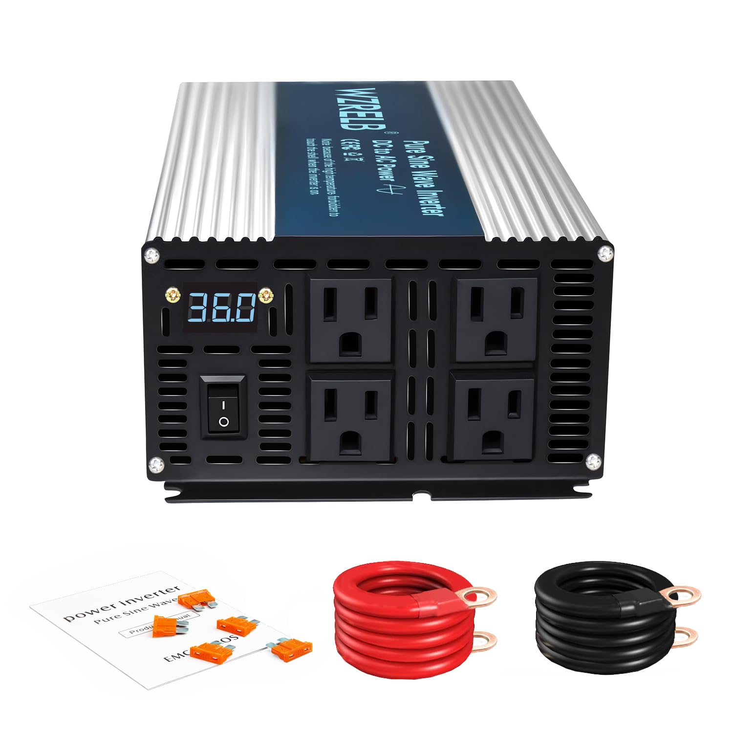 WZRELB 2000W Pure Sine Wave Inverter 36V DC to 110V 120V AC Power Converter with LED Display, Off-Grid Portable Power Inverter with 4 AC Outlets for Home, RV, Truck, Camping