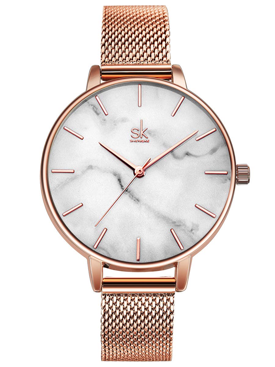 Alienwork Women's Watch Rose Gold Metal Mesh Strap White Ultra-Thin Elegant
