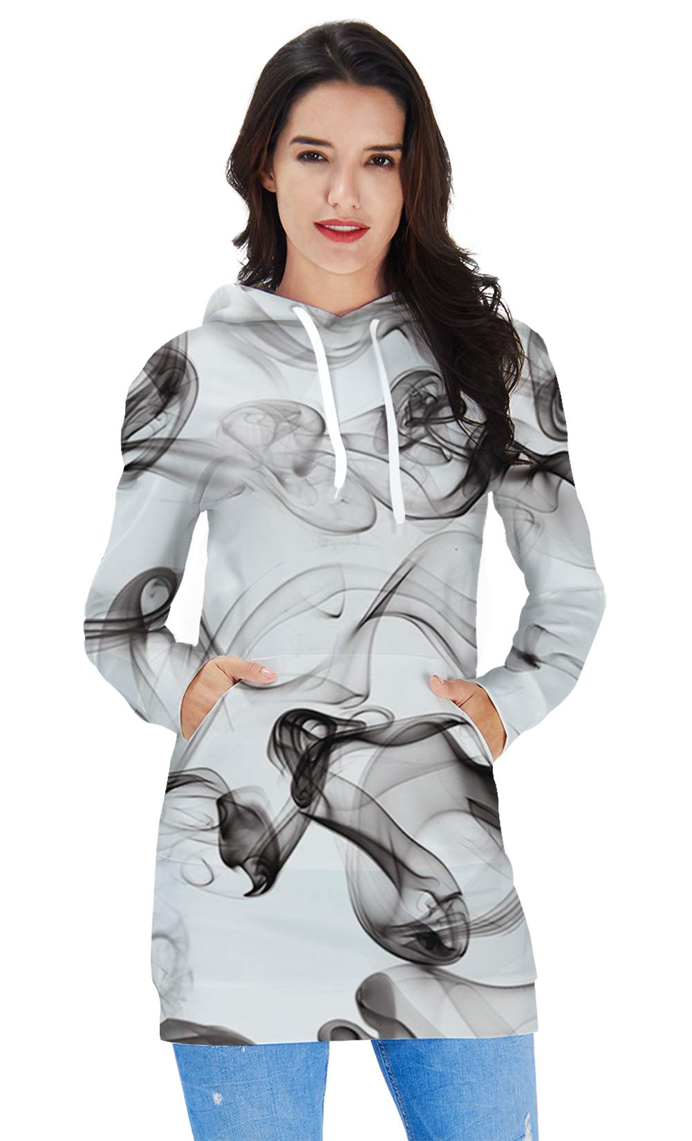 ALOOCA Women\'s Long Sleeve Party Smoke Hoodie Pullover Sweatshirt Dress Kangaroo Pocket