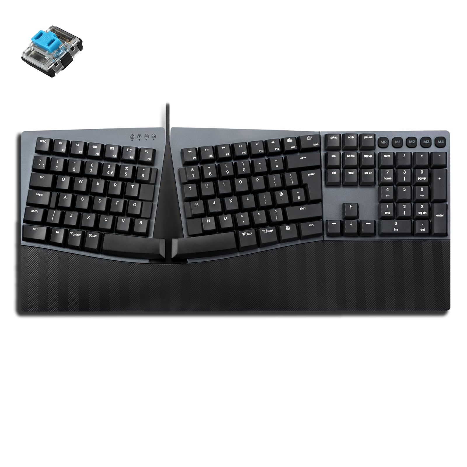 perixx PERIBOARD-535BL Wired Ergonomic Mechanical Full-size Keyboard - Low-Profile Blue Clicky Switches - Programmable Feature with Macro Keys - Compatible with Windows and Mac OS X - UK English