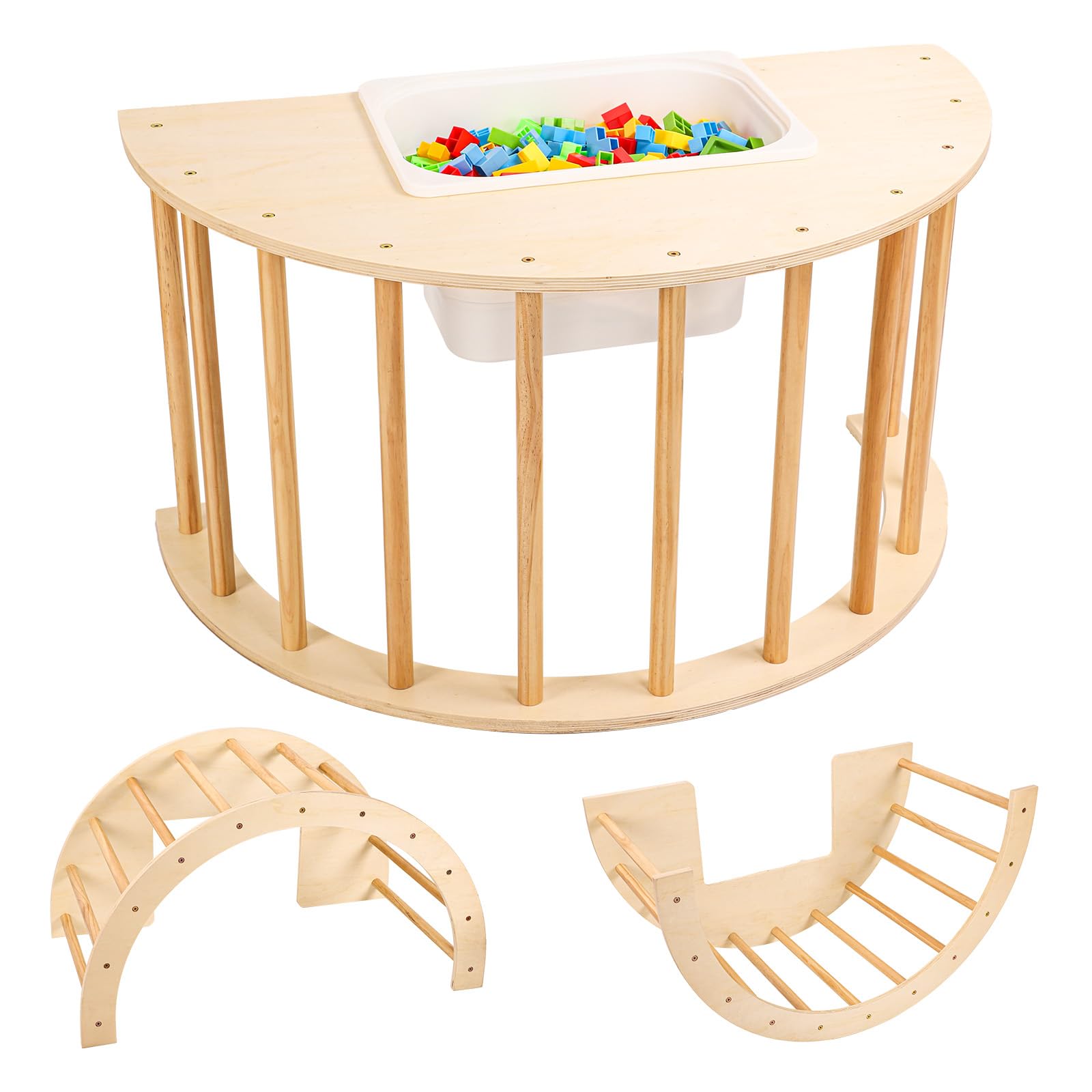 3-in-1 Climbing Frame, Arch Sensory Table for Kids Baby Rocking Arch Toddler Rocker Arch, Montessori for Ladder Structure Climber Play Gym Toy Wooden Playground Toys, with Storage Bin and Cover Plate