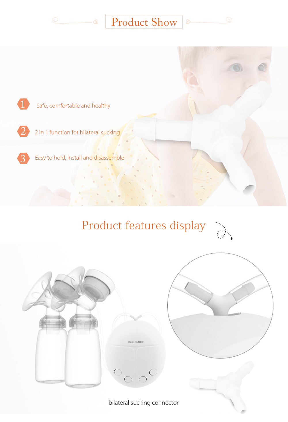 Electric Breast Pump, USB Rechargeable Natural Breastfeeding Massage Tool with Bottle and Cold Heat Pad, Less Pain Milkpump, Breast Suction BPA-Free Comfort Hands Free Double Breastpump